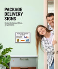 Premium 7 X 10 Inch Rustproof Aluminum Delivery Instructions Metal Sign For Amazon And FedEx And Ups Package Drop Off Outside, shown with smiling couple by door.