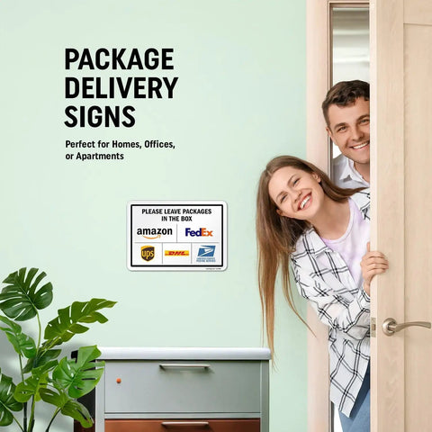 Premium 7 X 10 Inch Rustproof Aluminum Delivery Instructions Metal Sign For Amazon And FedEx And Ups Package Drop Off Outside, shown with smiling couple by door.