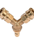 Three Eighth Inch Quick Connect Tee Splitter Coupler For Pressure Washer Converts One Outlet Into Dual Hoses With Two Gun Splitter 4.0 GPM Handy Power Washer Accessory For Shared Cleaning, brass Y-shaped connector