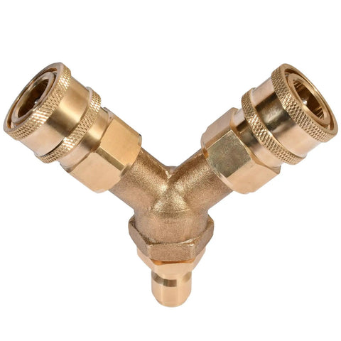 Three Eighth Inch Quick Connect Tee Splitter Coupler For Pressure Washer Converts One Outlet Into Dual Hoses With Two Gun Splitter 4.0 GPM Handy Power Washer Accessory For Shared Cleaning, brass Y-shaped connector