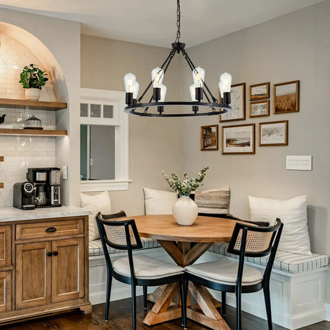 Black Farmhouse Wagon Wheel Chandelier With 8-Light 23.6 Inch Vintage Industrial Round Pendant Ceiling Light Fixture