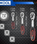 Workhorse 121 Piece Drive Socket Set with three sizes of ratchets, 72-tooth with ergonomic handles, showing measurements.