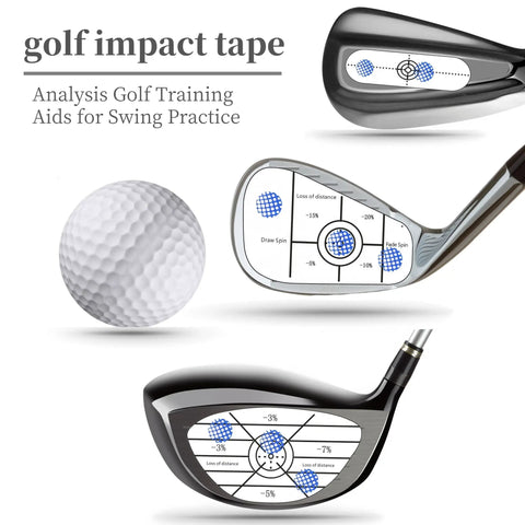 Golf Impact Tape Stickers Set for Swing Training 180 Pieces on club faces showing ball impact feedback.
