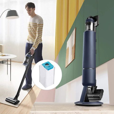 8 Pack Dust Bags For Bespoke Jet Cordless Stick Vacuum Cleaner 2.5L Large Capacity Automatic Dust Collection Compatible With All In One Clean Station Replacement featuring vacuum and clean station in home setting.