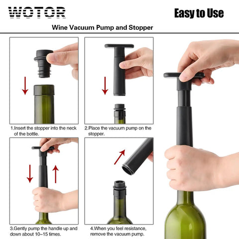 Wine Saver Vacuum Pump With Four Stoppers And Reusable Bottle Sealer Keeps Red And White Wine Fresh For Up To Ten Days steps