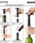 Instructional steps for using Wine Saver Vacuum Pump Kit With 20 Stoppers And Reusable Bottle Sealer Keeps Red And White Wine Fresh