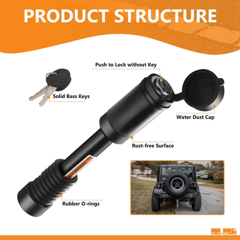 Heavy Duty Trailer Hitch Lock With 5/8 Inch Pin, 3-1/2 Inch Long, Fits Class III And IV 2 Inch And 2-1/2 Inch Receivers, Universal Trailer Lock With Anti-Rattle O-Rings, Easy Push To Lock, No Nonsense Security, 1 Pack; product structure with keys, rubber O-rings, dust cap, and installed view.