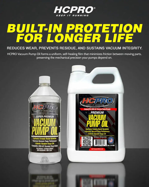 Heavy Duty Synthetic Vacuum Pump Oil Built For Hvac Crews Demanding Zero Mist features two bottles on a sleek background.