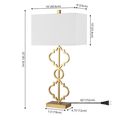 32-Inch Gold Iron Ogee Trellis Table Lamp With USB Port, Modern Glam Geometric Base, White Linen Rectangle Shade, LED Bulb Included, ETL Listed