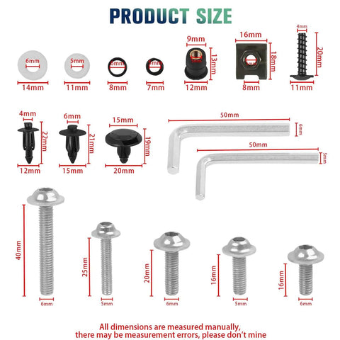 195 Piece Motorcycle Fairing Bolt Kit With M5 M6 Aluminum Screws And Hardware Grommets Nuts Washers Clips 5mm And 6mm Allen Wrenches Universal For Sport Dirt Bike Bodywork Windscreen Orange Gear product size and dimensions displayed