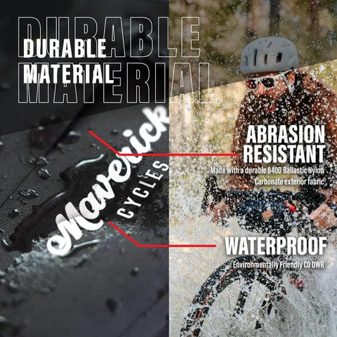 Venture Frame Bag For Bikes Triangle Style Black With Large Storage 2.6L Capacity in rain demonstrating waterproof material.