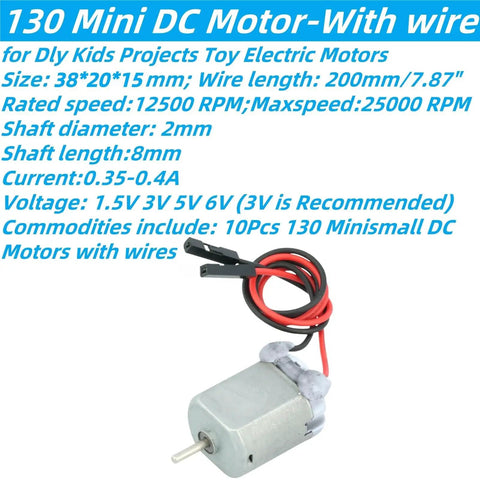 Mini 130 Size DC Motors Kit Ten Pack For DIY Kids Projects 1.5V 3V 5V 6V With Pre Welded Dupont Female Wires 38 By 20 By 15 mm Tiny Toy Motors