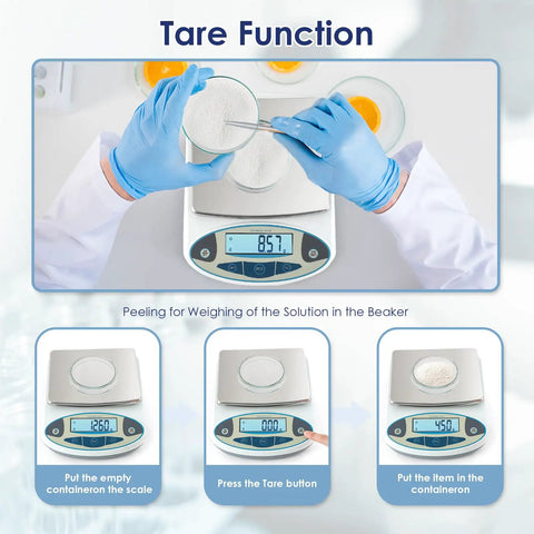 Ultra Accurate 0.01g Lab Digital Scale With 5000g Capacity, showcasing tare function with precise measurements