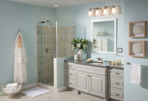 Modern bathroom with Retreat Collection Brushed Nickel Hand Towel Ring and coordinating accessories, warm brushed nickel finish