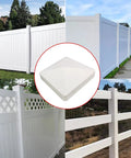 Top Shelf 2 Pack Pyramid Vinyl Fence Post Caps For 4x4 Square Posts White shown on various white fences and close-up of cap.
