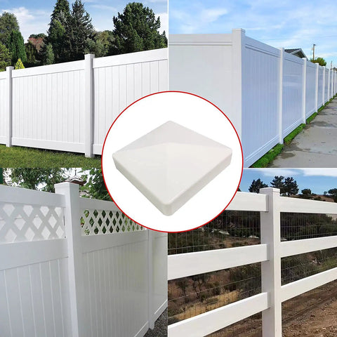 Top Shelf 2 Pack Pyramid Vinyl Fence Post Caps For 4x4 Square Posts White shown on various white fences and close-up of cap.