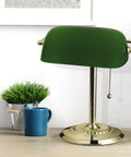 13.5 Inch Traditional Banker Lamp with Green Glass Cylinder Shade, Polished Brass Finish, Classic On Off Pull Chain on wooden desk