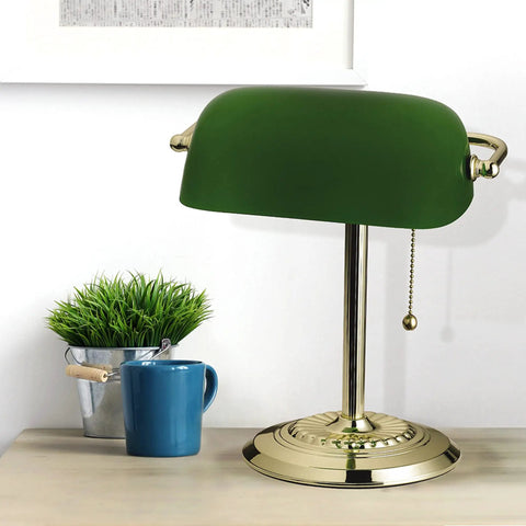 13.5 Inch Traditional Banker Lamp with Green Glass Cylinder Shade, Polished Brass Finish, Classic On Off Pull Chain on wooden desk