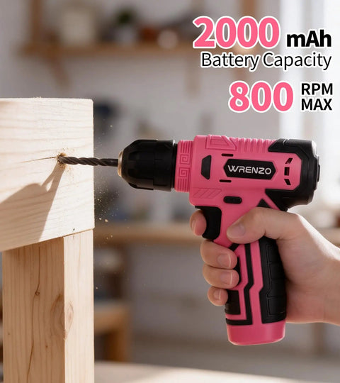No Sweat Cordless Drill Driver Kit Featuring 62 Piece Precision Screwdriver Bit Set With Live Battery Percentage Display For Effortless Home Repairs And Weekend Construction Tasks in use, drilling into wood.