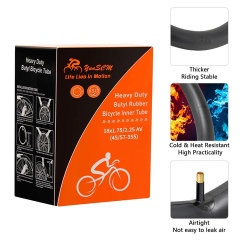 Two Pack Heavy Duty Bike Tubes For 18 Inch Rims 18x1.75 To 18x2.25 With AV Schrader Valve 32mm packaging and features illustration