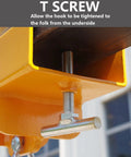 Close-up of yellow Forklift Lifting Hook Attachment With 2200 Lbs Capacity Single Fork Pocket Swivel Hook and Large T Screw Design