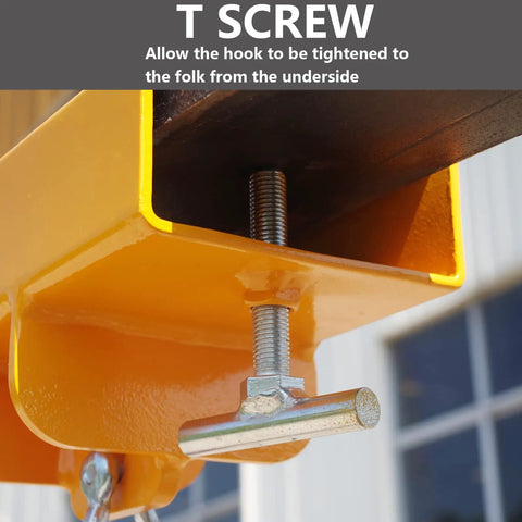 Close-up of yellow Forklift Lifting Hook Attachment With 2200 Lbs Capacity Single Fork Pocket Swivel Hook and Large T Screw Design