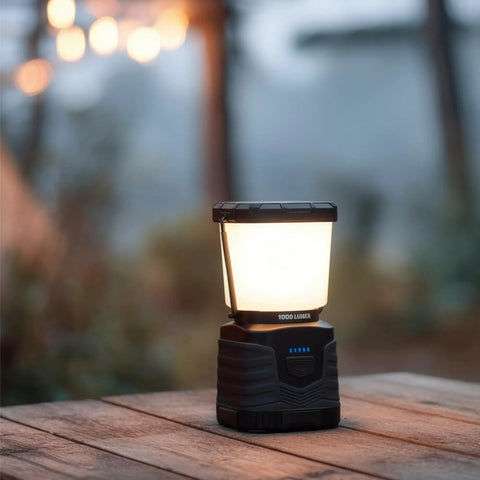 Lit 360 Degree Camping Lantern With 1000 Lumen LED, Four Modes Including Dimmable And Strobe, IPX4 Water Resistant on table