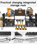 Heavy Duty Power Tool Organizer With Built In Charging Station And 200 Pound Load Capacity Three Tier Wall Rack Eight Drill Holders Two Side Pegboards And Extra Hooks For A Super Handy Garage Or Workshop displayed with tools and accessories.