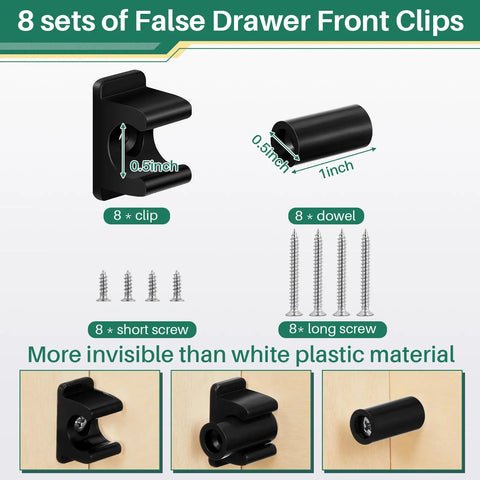 8 Pairs Black False Drawer Front Clips With Screws For Cabinet Hardware Replacement Drawer Face And Sink Tip Out Snap Fit