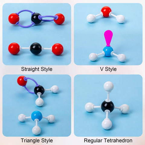 208 Piece Molecular Model Kit For Organic Chemistry, Atom And Bond Builder showing four molecule shapes on blue background