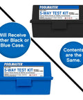 5-Way Liquid Reagent Pool Water Test Kit with black and blue cases for testing chlorine, bromine, pH, alkalinity, and acid demand.