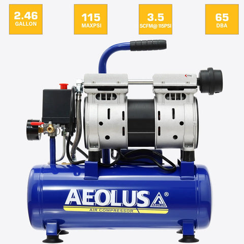 Heavy Duty Portable Air Compressor 9L 115 Psi with dual motors and 2.46-gallon tank for pneumatic tools and weekend projects.