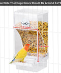 Acrylic bird cage feeder showing dimensions 3.2x3.4 inches, with a yellow bird, part of the Ditch The Floor Debris With This No Mess Bird Cage Feeder And Automatic Water Dispenser.