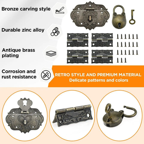 Antique Bronze Jewelry Box Hinge Hasps Lock Kit with Screws Retro Engraved Decorative Hardware set, shown with hinges and lock