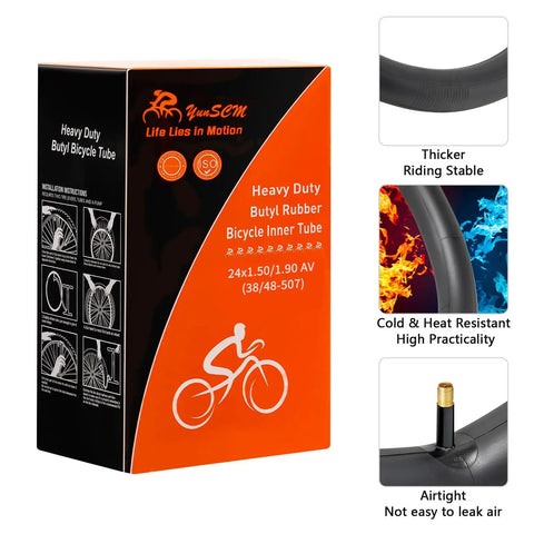 Box of 2 Pack 24 Inch Heavy Duty Bike Tubes With AV32mm Schrader Valve alongside tube durability features