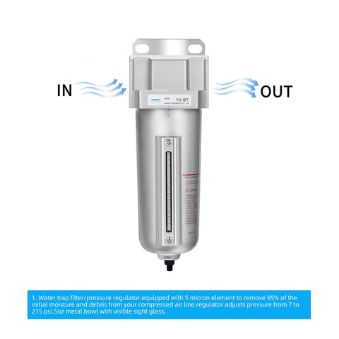 Beefed Up Industrial Grade Heavy Duty Particulate Filter With Metal Bowl Auto Drain For Paint Spray Systems One Half Inch NPT 5 Micron Element