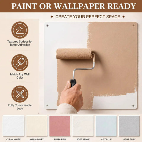 Heavy Duty 4 Pack 17X17 Inch Plastic Drywall Access Panel And Wall Hole Cover No Sweat Setup Real Quick Fix For Ceilings Bathrooms Basements shown with paint roller on textured surface.