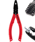 Brute 6.25 Inch Screw Extractor Pliers with red handles, shown gripping a stripped screw and detailed jaw close-up