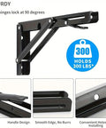 Pair Of Heavy Duty Folding Shelf Brackets, Rock-Solid No-Fuss Triangle Wall Mounted Brackets, holds 300 lbs, hinge detail, black steel.
