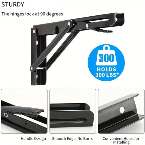 Pair Of Heavy Duty Folding Shelf Brackets, Rock-Solid No-Fuss Triangle Wall Mounted Brackets, holds 300 lbs, hinge detail, black steel.