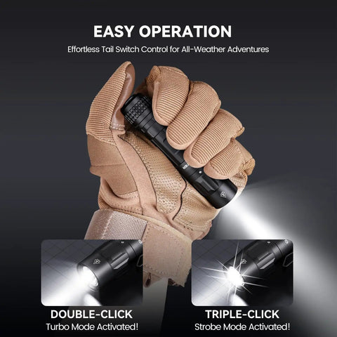 Gloved hand holding the M70 EDC Flashlight 1100 Lumens USB C Rechargeable Pocket Light With Clip in Turbo Mode