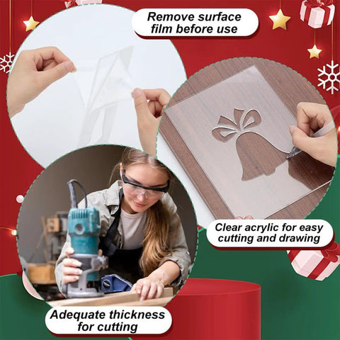 Level Up Your Crafting Game With This Top Notch Eight Piece Acrylic Router Template Set Featuring Precisely Cut Heart And Snowflake Cutting Guides Made For No Sweat Wood Engraving Fabric Decorating And Festive Season Projects, showcasing clear acrylic templates and a woodworker in action.