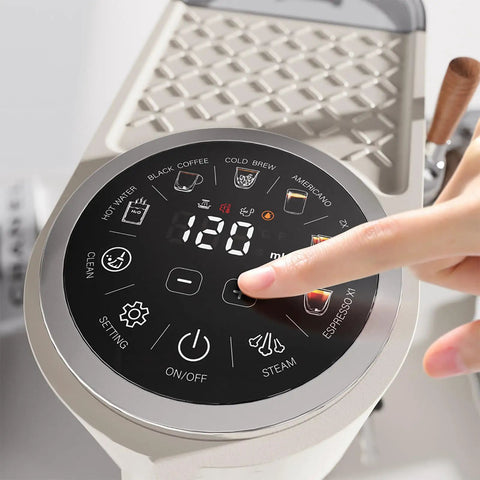 Close-up of control panel displaying temperature on Straight Up Home Barista Dream Machine Featuring A Dual Boiler System.