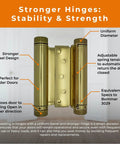 Tough As Nails Heavy Duty Double Action Hinges For Saloon Cafe Bar Swing Doors Polished Brass detailed design with adjustable tension.