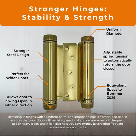 Tough As Nails Heavy Duty Double Action Hinges For Saloon Cafe Bar Swing Doors Polished Brass detailed design with adjustable tension.