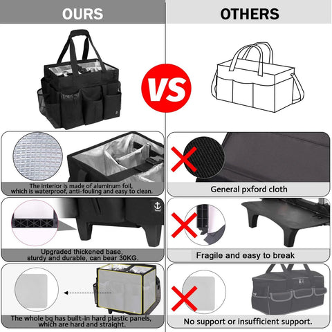 Comparison of Extra Large Rolling Cleaning Caddy vs. a basic tote bag, highlighting material quality and durability features.