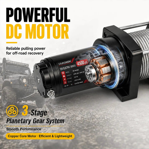 Powerful 12V DC motor of Top Tier 4500Lbs Electric Winch With Heavy Duty Steel Cable And Wired Remote Control.