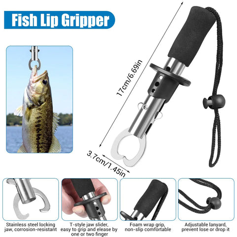 Fish lip gripper tool from All In One 3 Layer Tackle Box With 213 Pcs Lures Kit showing stainless steel locking jaw and grip.