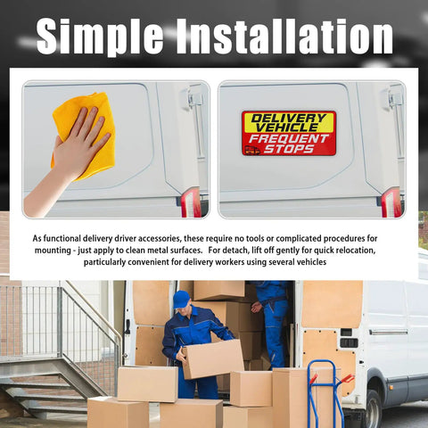 Delivery Vehicle Magnet Sign Set 9x4 Inches Weatherproof Reflective Warnings for Frequent Stops installed on a van door