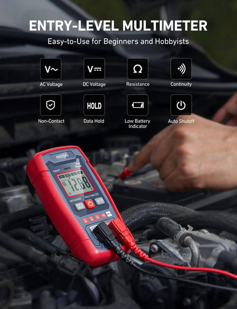 Pocket Sized 4000 Count Digital Multimeter With Auto Sensing AC DC Voltage, Resistance, Continuity, NCV, Backlit Display And Built In Flashlight, No Brainer Auto Ranging For Auto And Home Troubleshooting. Red handheld multimeter in an engine bay